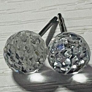 Faceted Crystal Ball Stud Earrings Silver Tone Clear Sparkling Disco Ball Studs